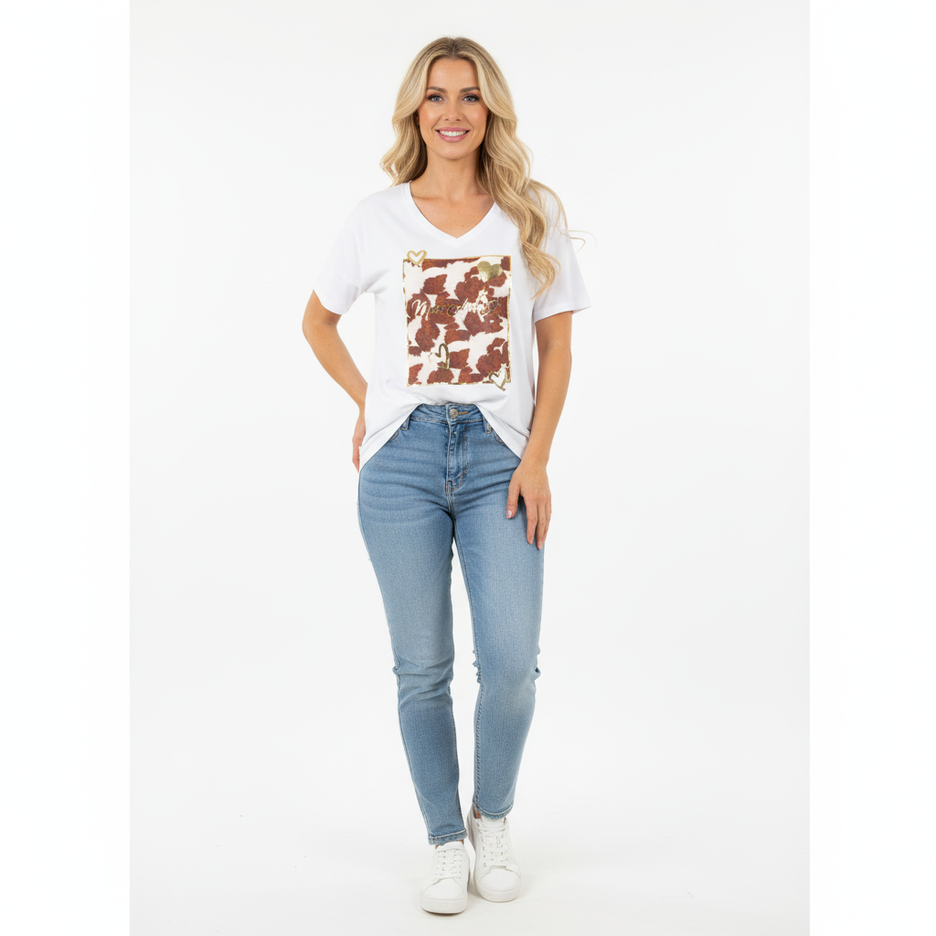 CAMISOLA MINA ROSA BRANCO MANGA CURTA ESTAMPA VACA MON AMOUR DOURADO CORAÇÃO BRILHO