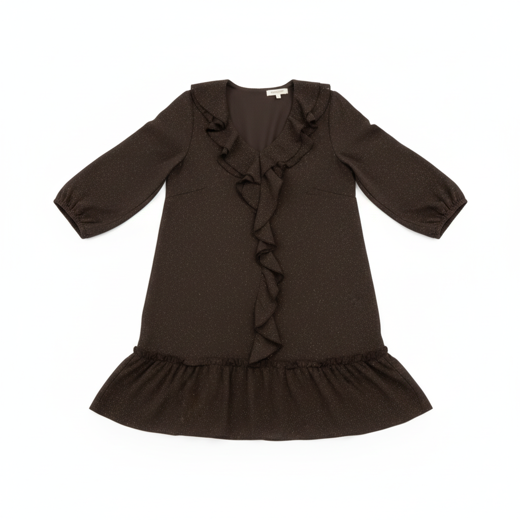 VESTIDO CASTANHO FESTA MANGA CUMPRIDA BRILHO BABADO FRONTAL DECOTE BARRA