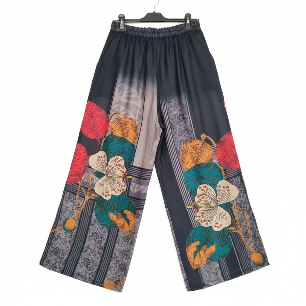 CONJUNTO CAMISA CUMPRIDA BOTOES PADRÃO TROPICAL FLORES TRANSPARENTE E CALÇA ELASTICO PADRÃO TROPICAL