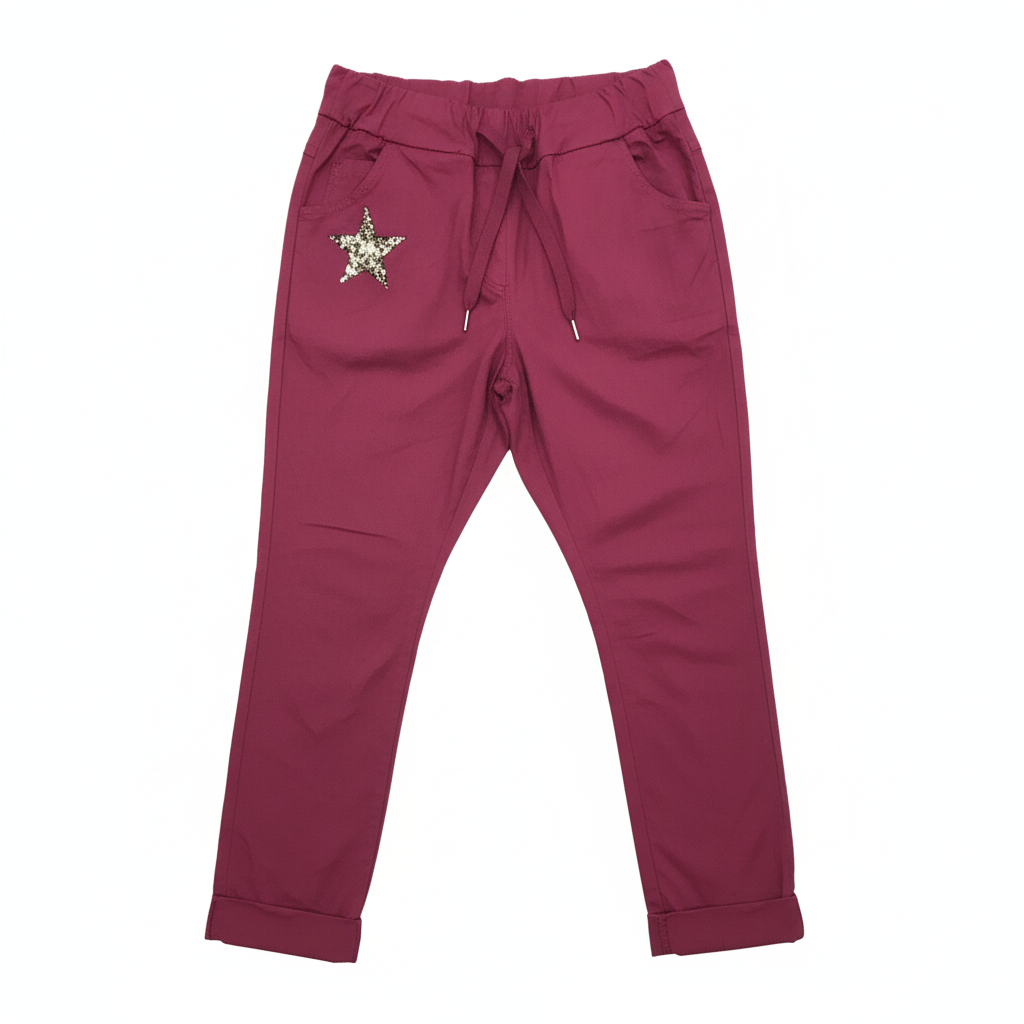 CALÇA SKINNY CARLA GIANNINI BORDO ESTRELA PRATA BRILHO TECIDO REGULADOR BOLSOS
