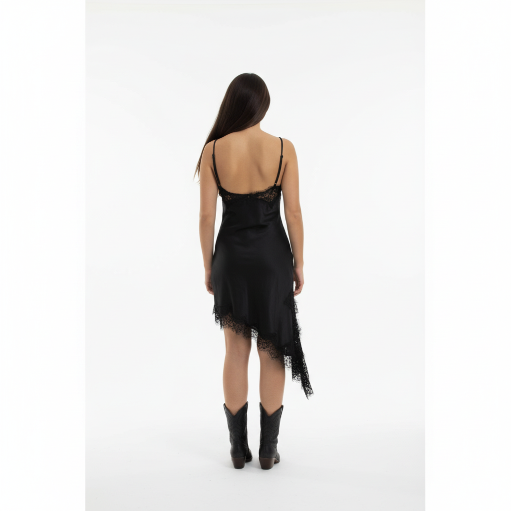 VESTIDO ELSA.M BY MAY PRETO SETIN RENDA ALÇA RENDA BARRA BICO UNILANTERAL