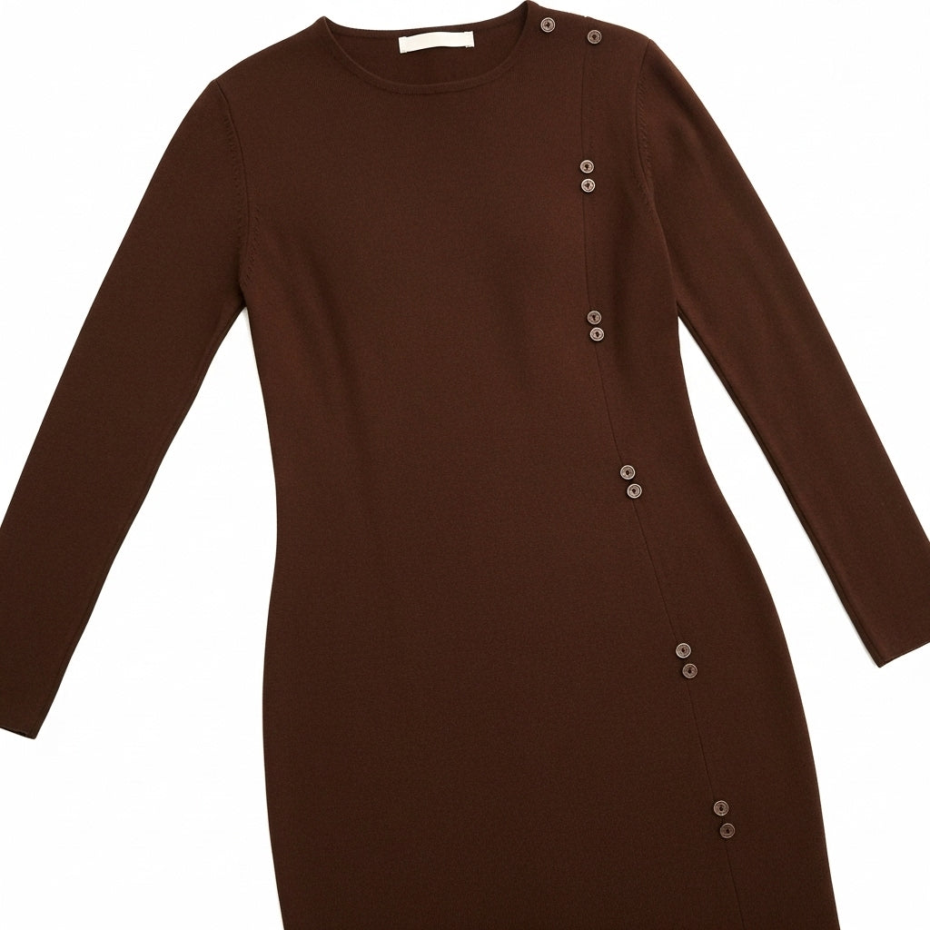 VESTIDO SINAIS VISIVEIS CASTANHO ESCURO CAFÉ MANGA CUMPRIDA APLICAÇÕES BOTÕES LATERAL