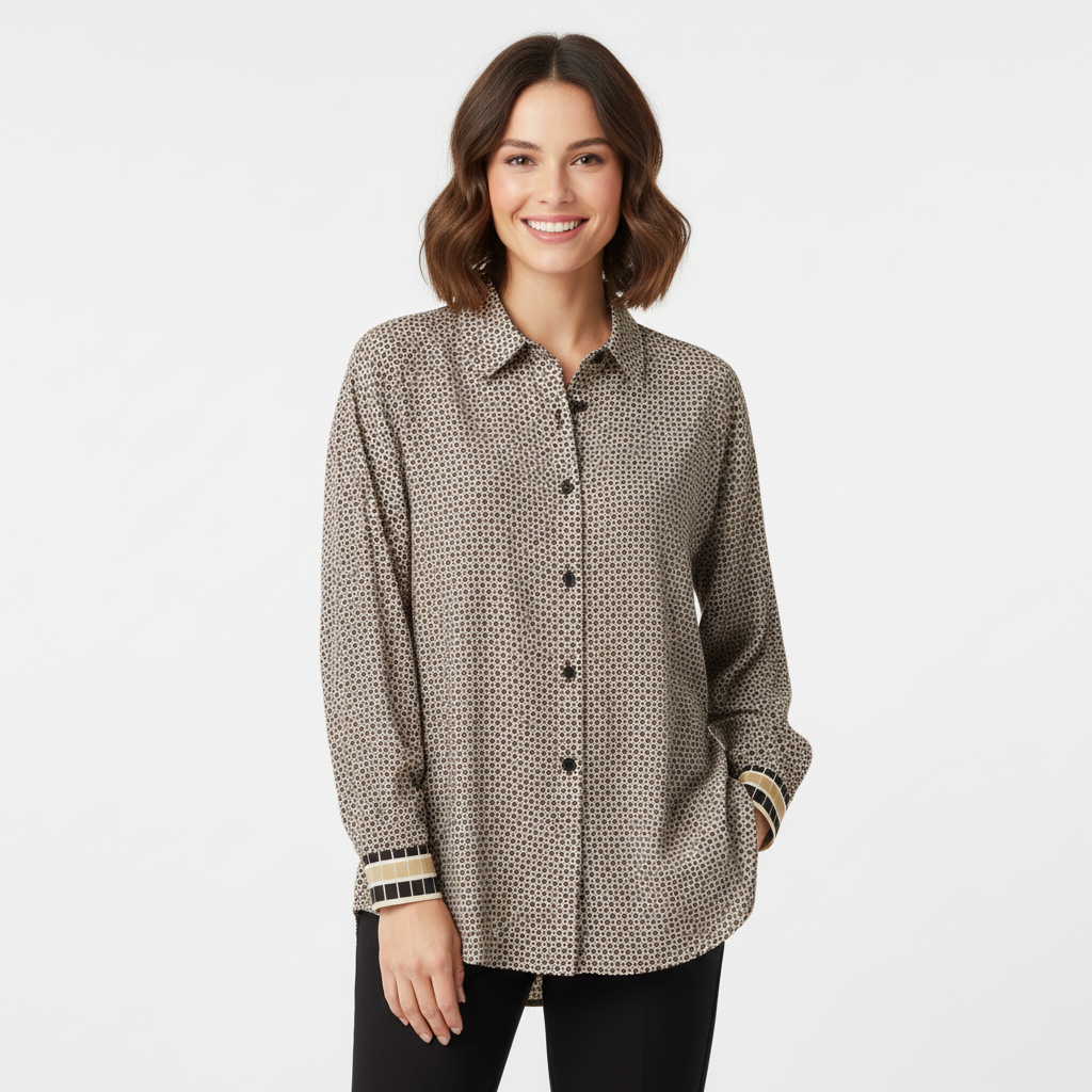 CAMISA SKATIE BRAND BEGE CASTANHO PRETO E BRANCO ESTAMPA GEOMETRICA MINI LOSANGO