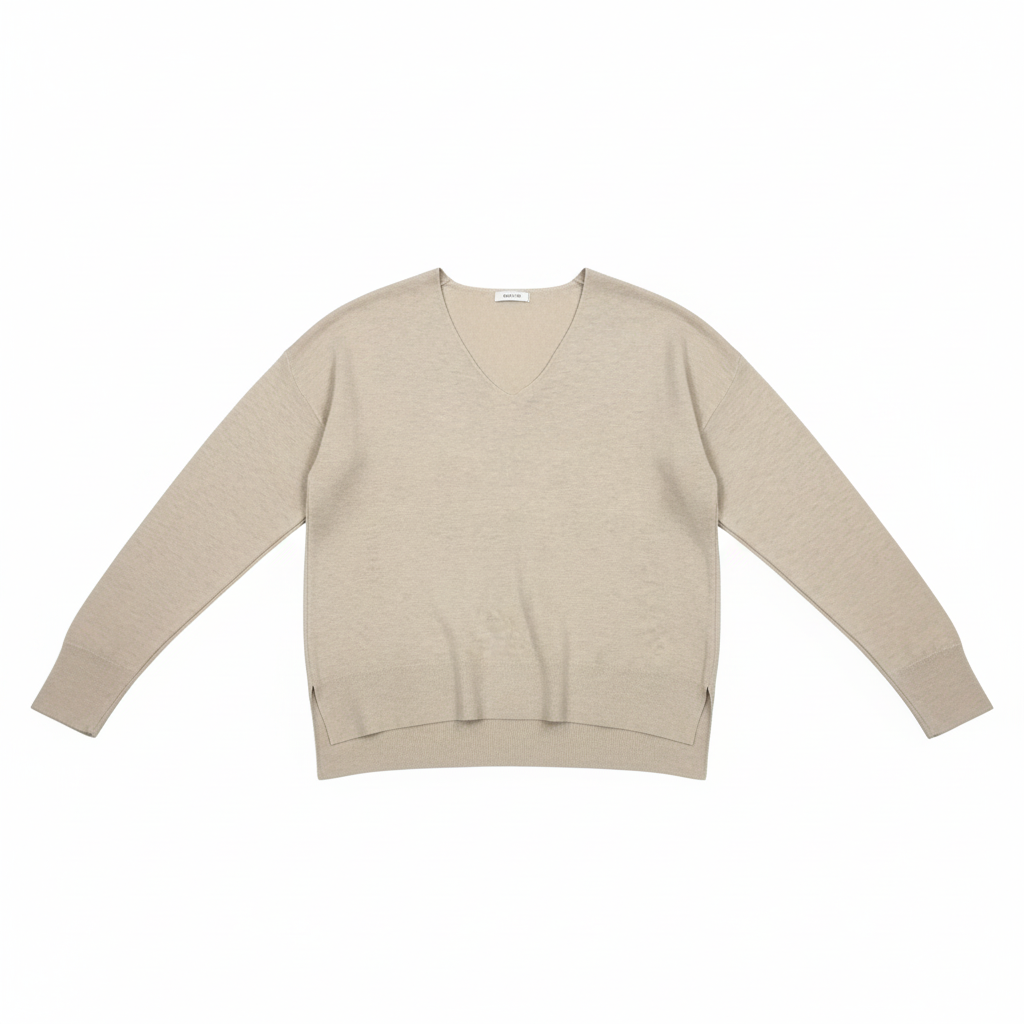 CAMISOLA MAS FASHION BEGE DECOTE EM BICO MANGA CUMPRIDA CANELADA FENDA LATERAL
