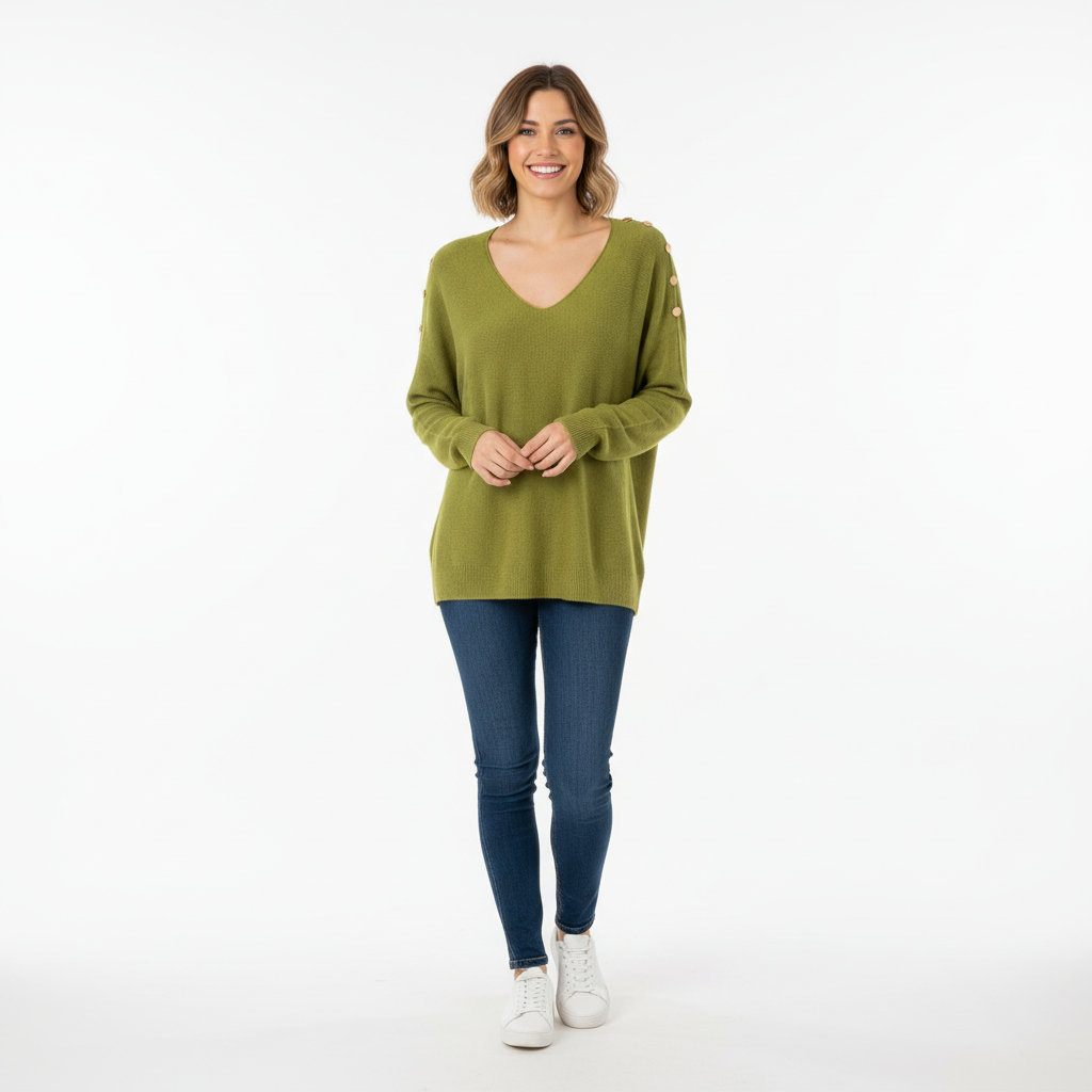 CAMISOLA CAMILLE FRANCE VERDE DECOTE EM BICO CAMISA DE MANGA CUMPRIDA APLIQUES DE BOTÕES DOURADOS