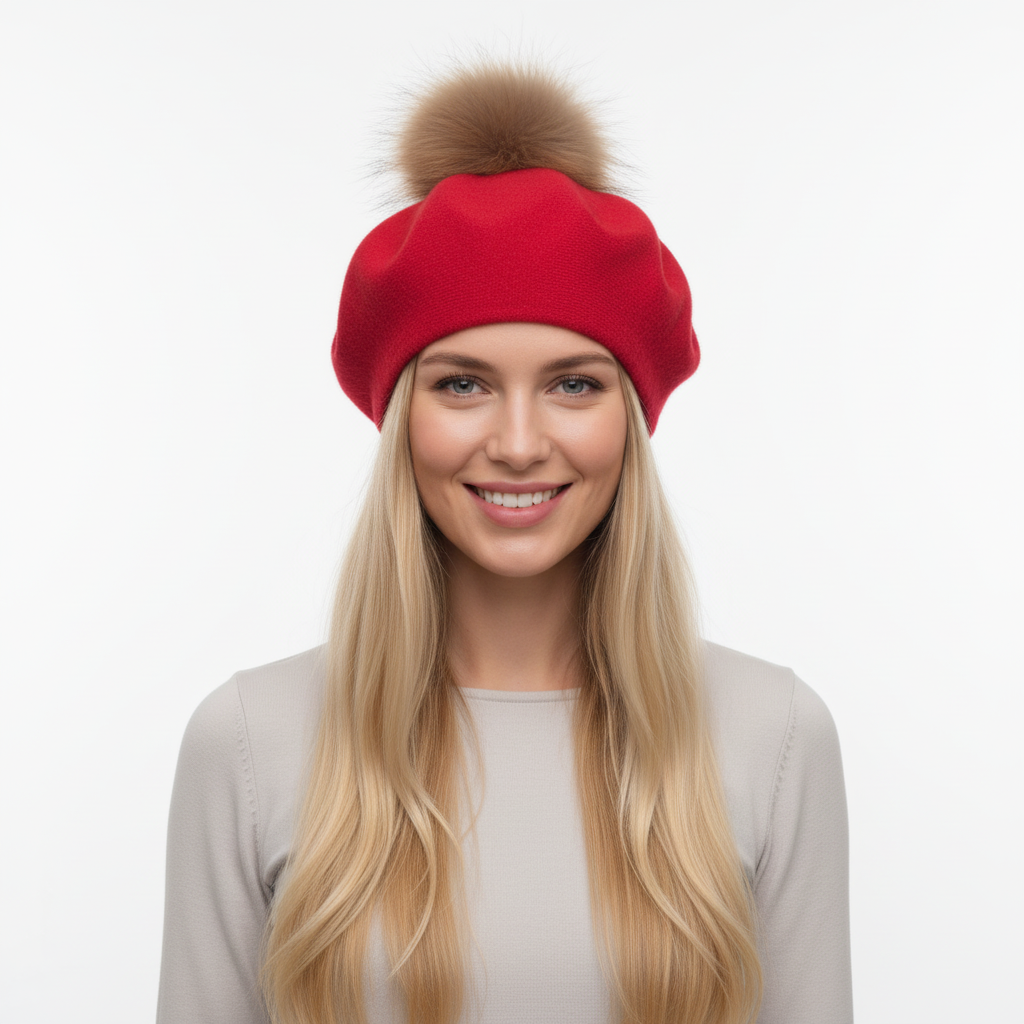 BOINA VERMELHO POMPOM PELO CASTANHO