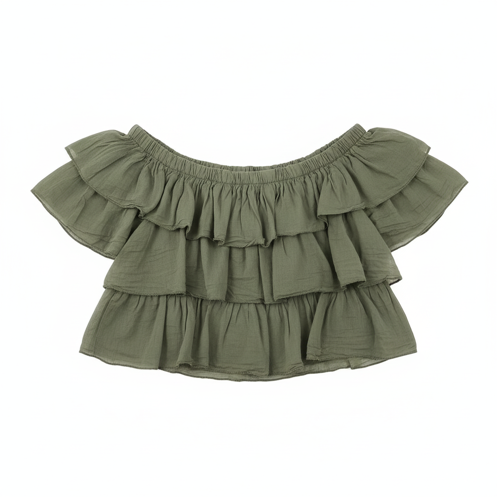 TOP CAMILLE FRANCE VERDE MILITAR CIGANINHA BABADO