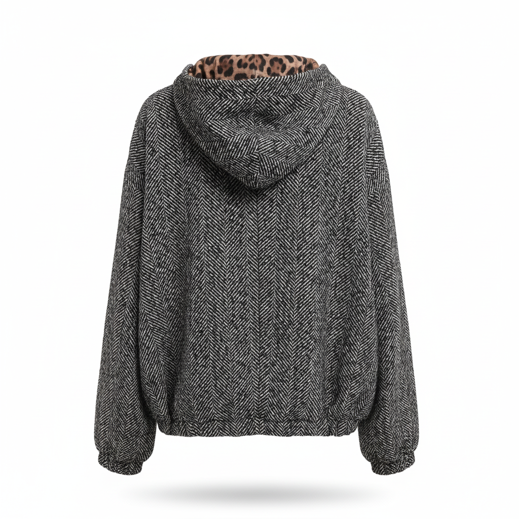 JAQUETA LUMINA REVERSÍVEL CINZA LEOPARDO ZIPER BOLSOS TOUCA CASACO