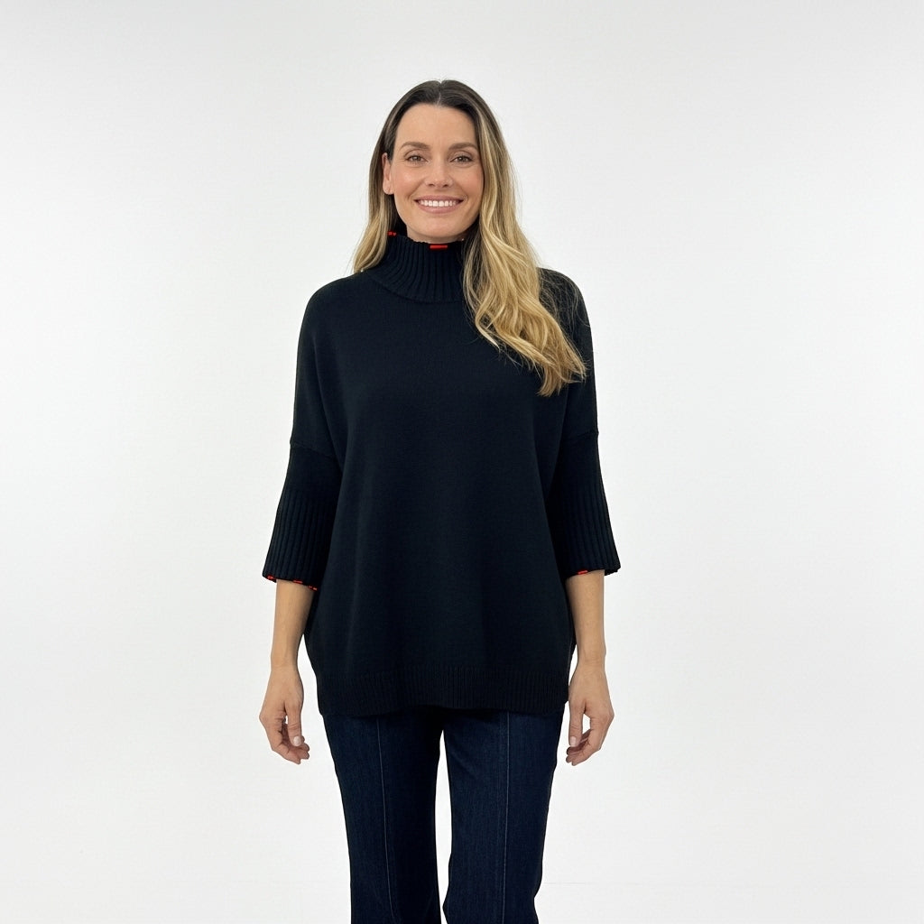 CAMISOLA GOLA ALTA 6° SHOP PRETO CACHARREL MANGA 3/4 CANELADA