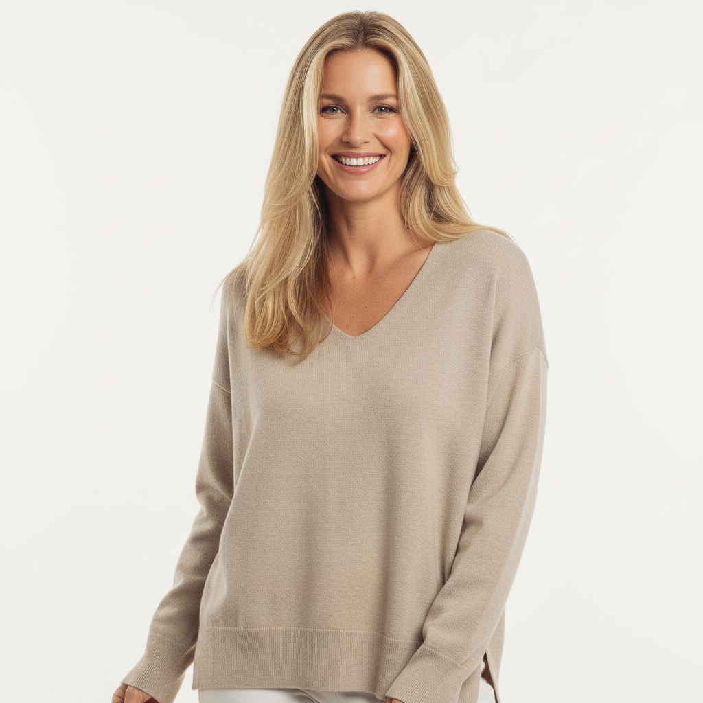 CAMISOLA MAS FASHION BEGE DECOTE EM BICO MANGA CUMPRIDA CANELADA FENDA LATERAL