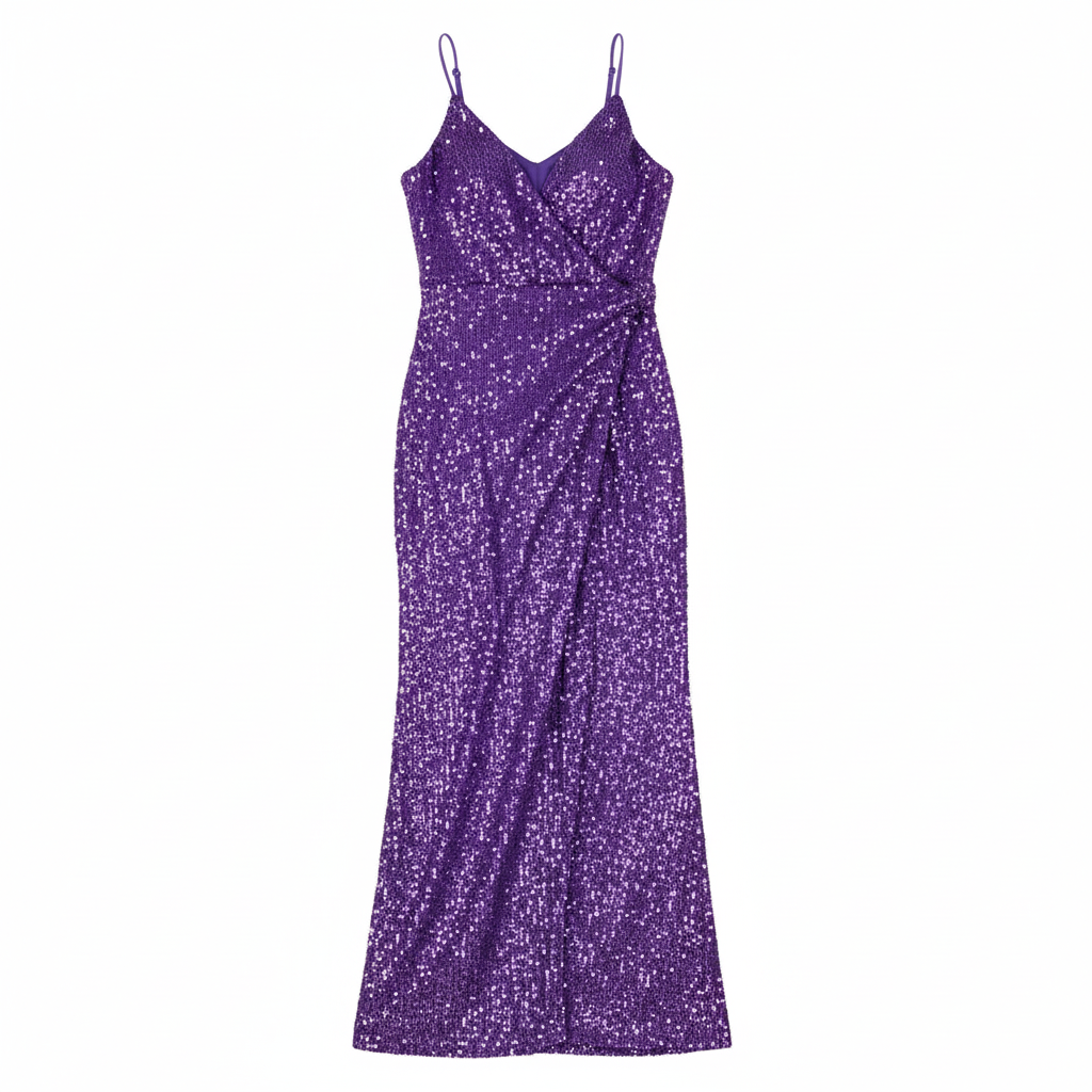 VESTIDO LONGO DECOTE EM BICO ALÇA ROXO BRILHO LANTEJOULA