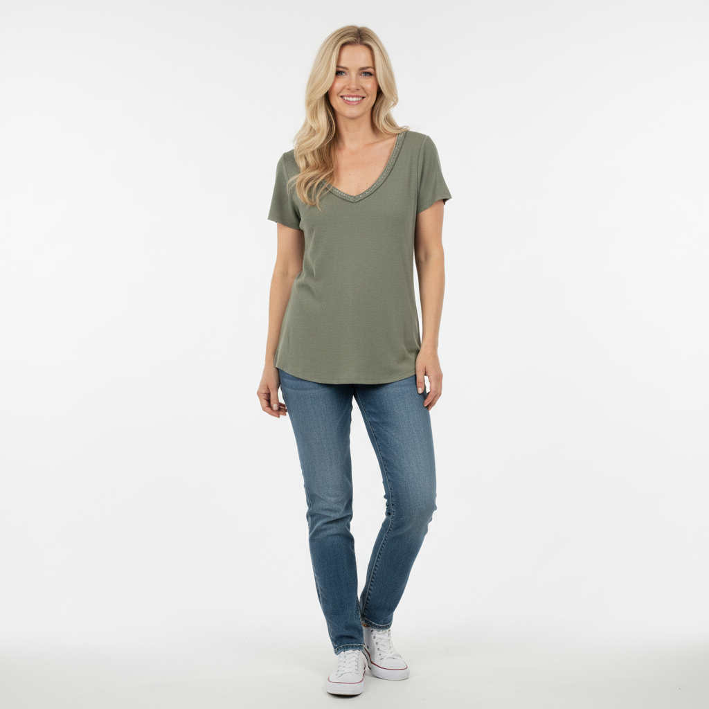 CAMISOLA CINZA DECOTE EM BICO BRILHO GOLA LANTEJOULA MANGA CURTA