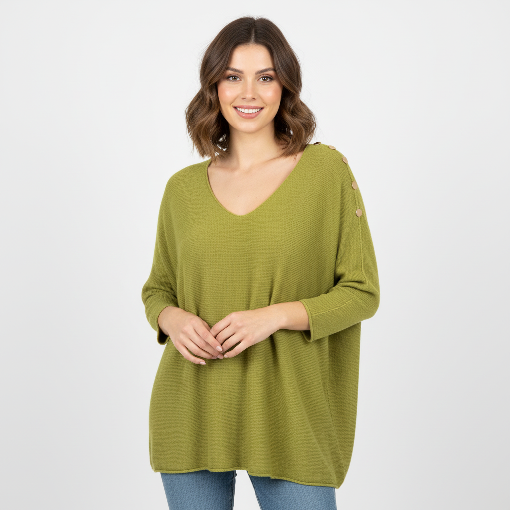 CAMISOLA CAMILLE FRANCE VERDE DECOTE EM BICO CAMISA DE MANGA CUMPRIDA APLIQUES DE BOTÕES DOURADOS
