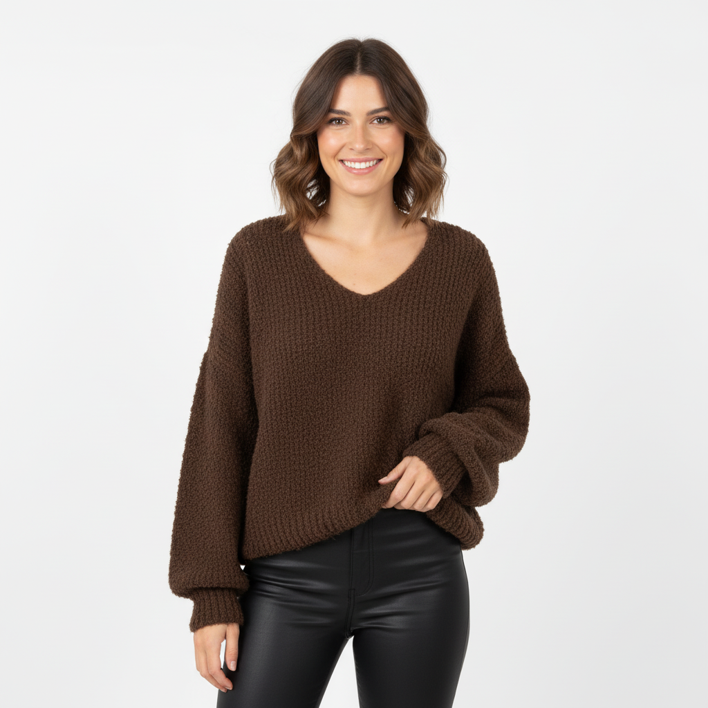 CAMISOLA CARLA GIANNINI CASTANHO DECOTE EM BICO LÃ LISO