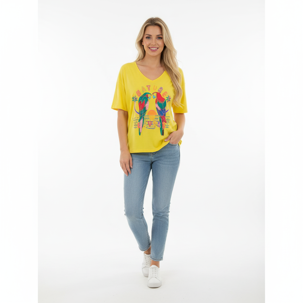 CAMISOLA AMARELO VERDE VERMELHO AZUL ROXO LARANJA DECOTE EM BICO MANGA CURTA BORDADO MIÇANGAS IBIZA CASAL DE PÁSSAROS PAPAGAIOS NATURE LOVERS