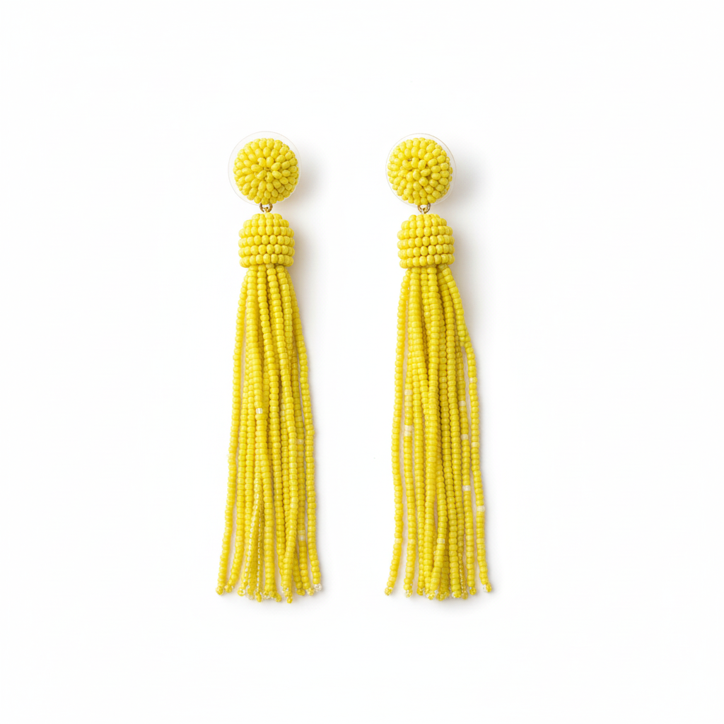 BRINCO AMARELO FRANJA BOLINHAS MIÇANGAS