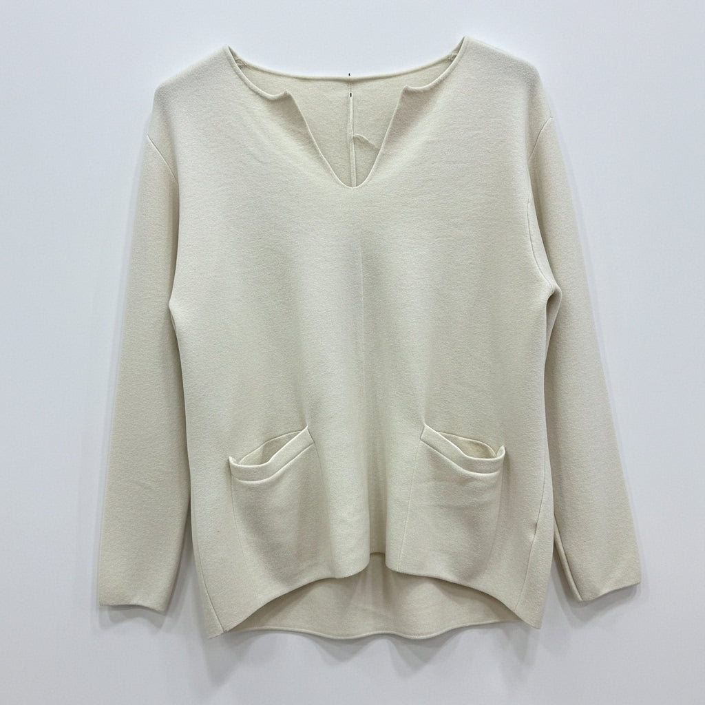 CAMISOLA VINCEOTTO CREME DECOTE EM BICO MANGA CUMPRIDA BOLSO DUPLO FRONTAL