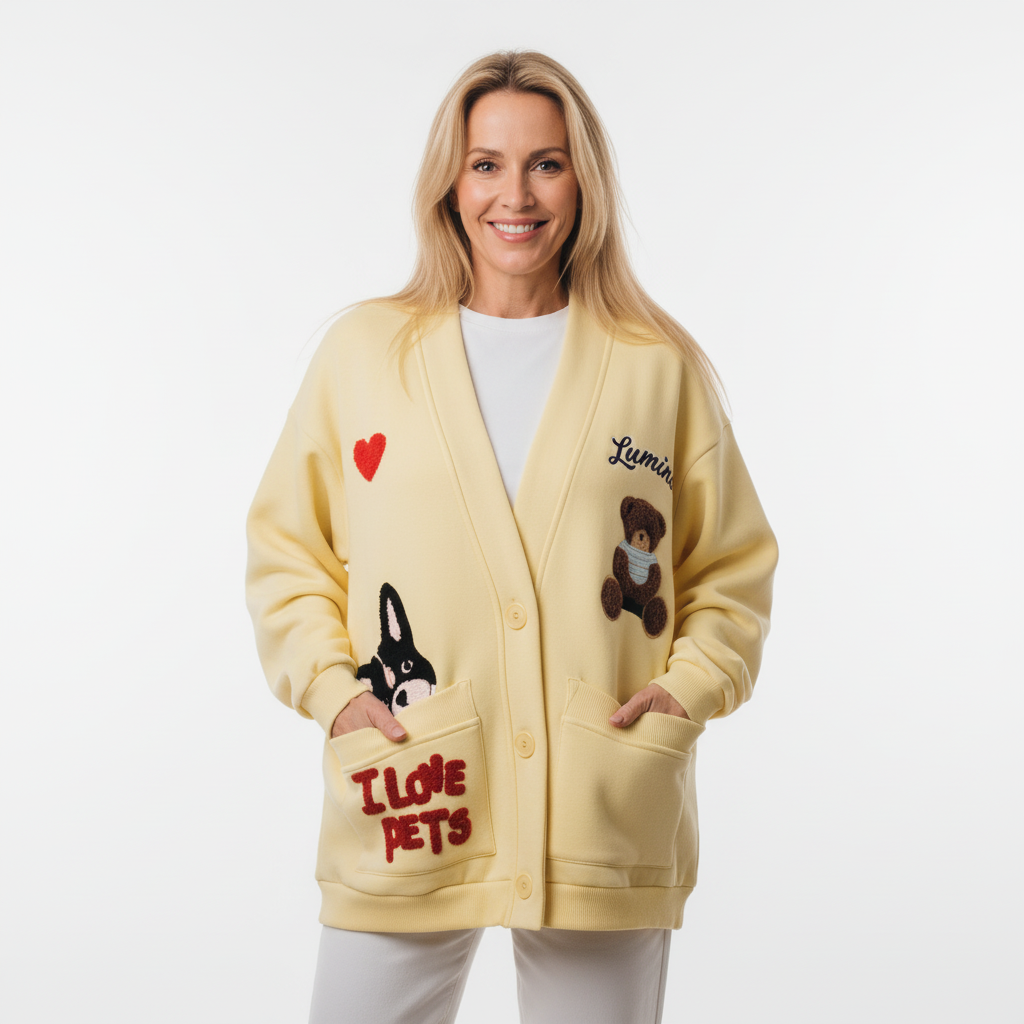 CASACO LUMINA AMARELO  MOLETON BORDADO LÃ LOGO URSO CACHORRO CORAÇÃO I LOVE PETS BOLSO FRONTAL