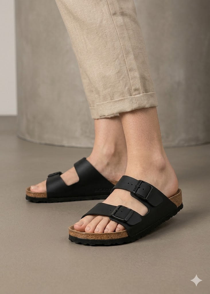 Sandálias Birkenstock Arizona BS Black Pretas com Duas Fivelas Ajustáveis e Sola de Cortiça Ergonómica Confortável para Mulher e Homem