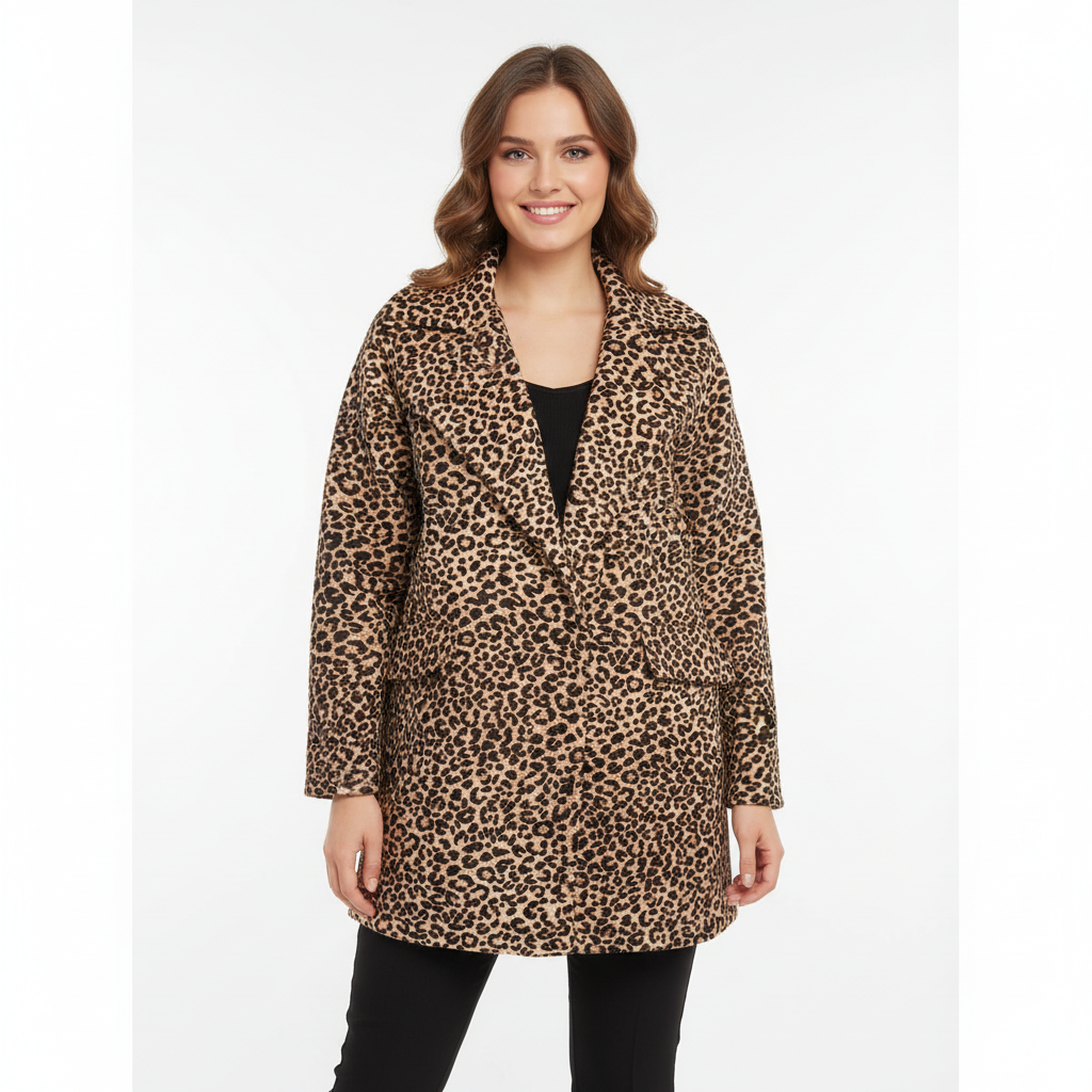 CASACO CAMILLE FRANCE LEOPARDO ANIMAL PRINT CASTANHO PRETO BOLSO BOTÃO