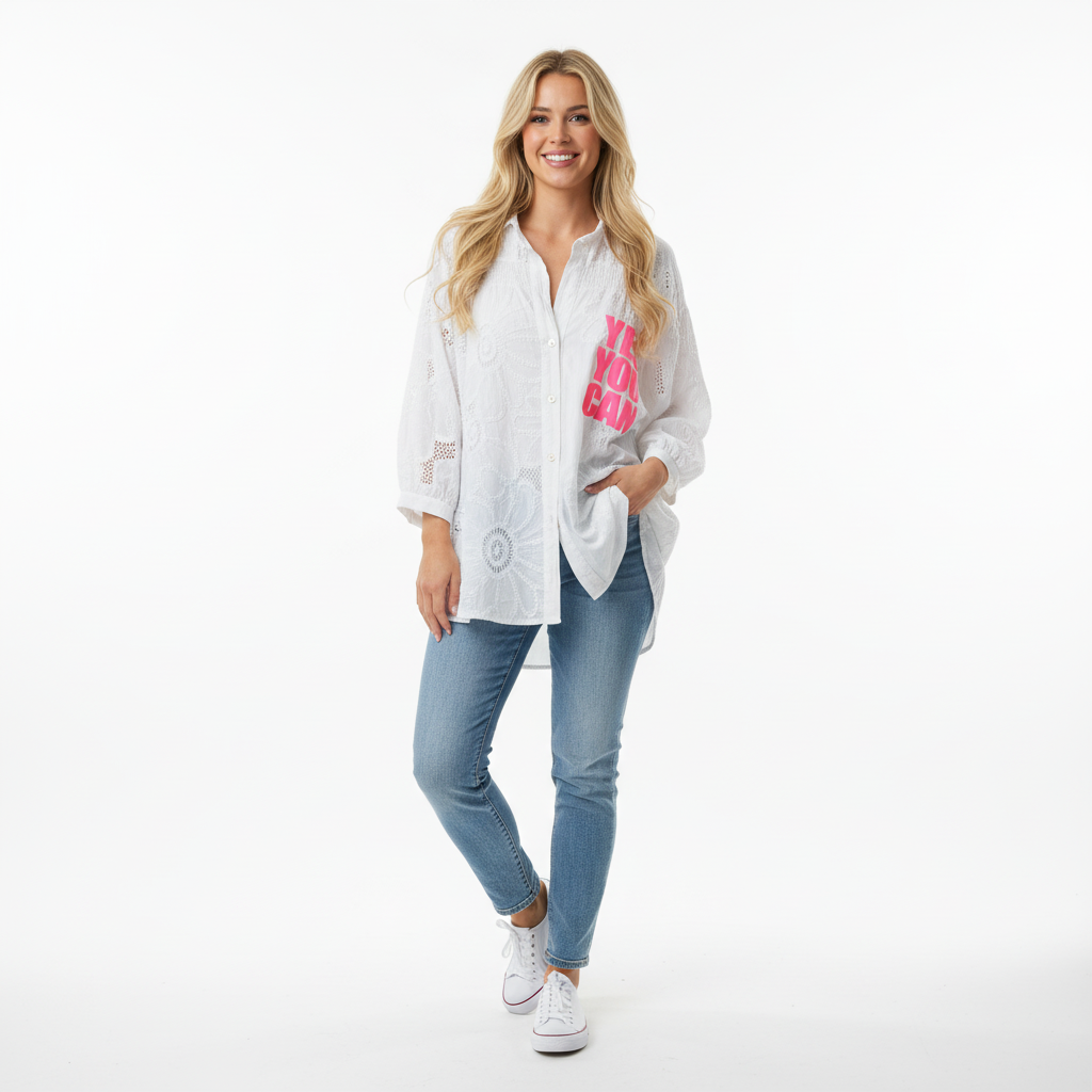 CAMISOLA APRIL VINTAGE BRANCO RENDA MANGA 3/4 ESTAMPA ROSA NEON BRILHO YES YOU CAN BOTÕES
