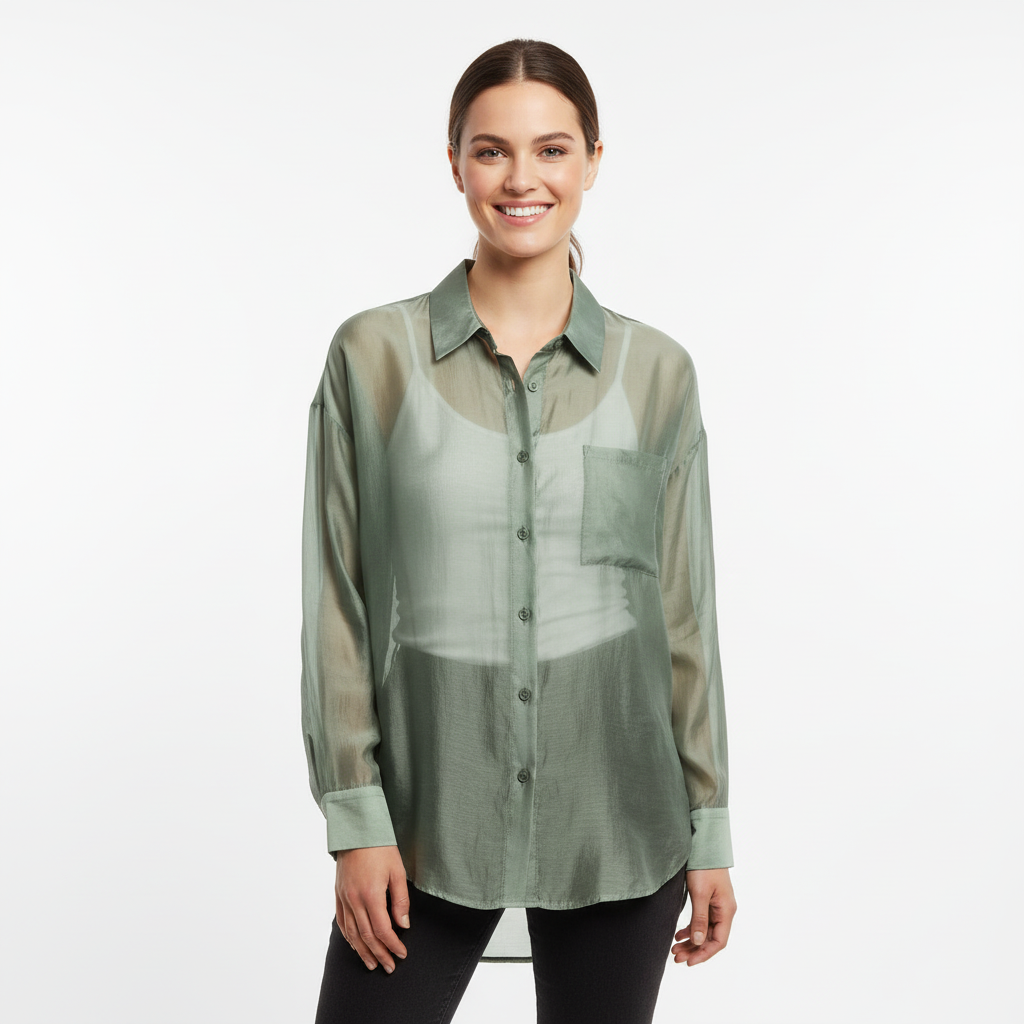 CAMISA VINCEOTTO VERDE TRANSPARENTE BOLSO FRONTAL MANGA LONGA