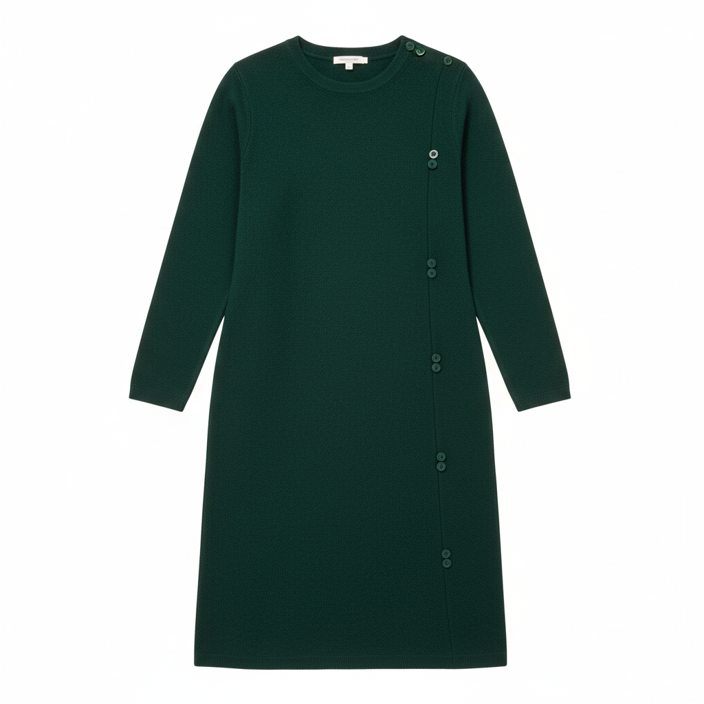 VESTIDO SINAIS VISIVEIS VERDE MANGA CUMPRIDA APLICAÇÕES BOTÕES LATERAL