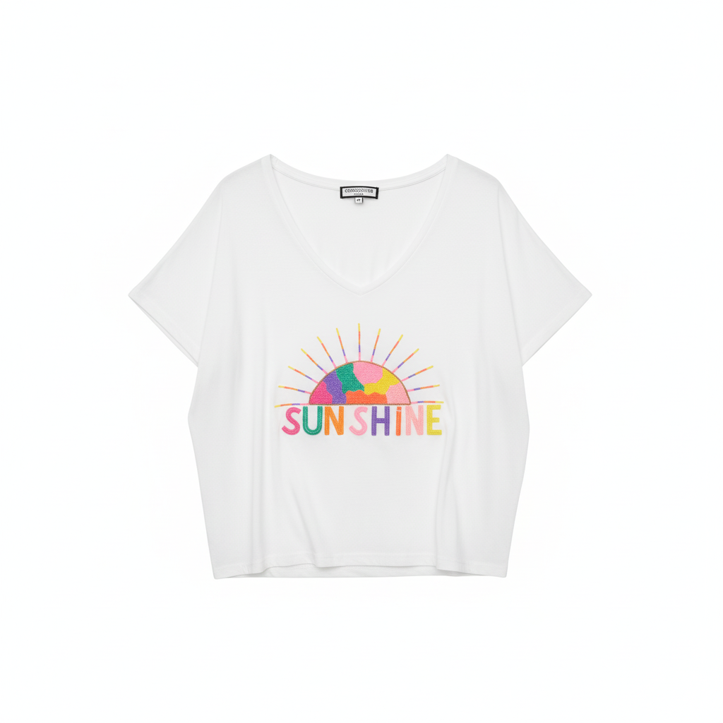 CAMISOLA GOLD&SILVER BRANCO ROSA PINK VERDE ROXO LARANJA DECOTE EM BICO MANGA CURTA BORDADO MIÇANGAS SOL SUNSHINE
