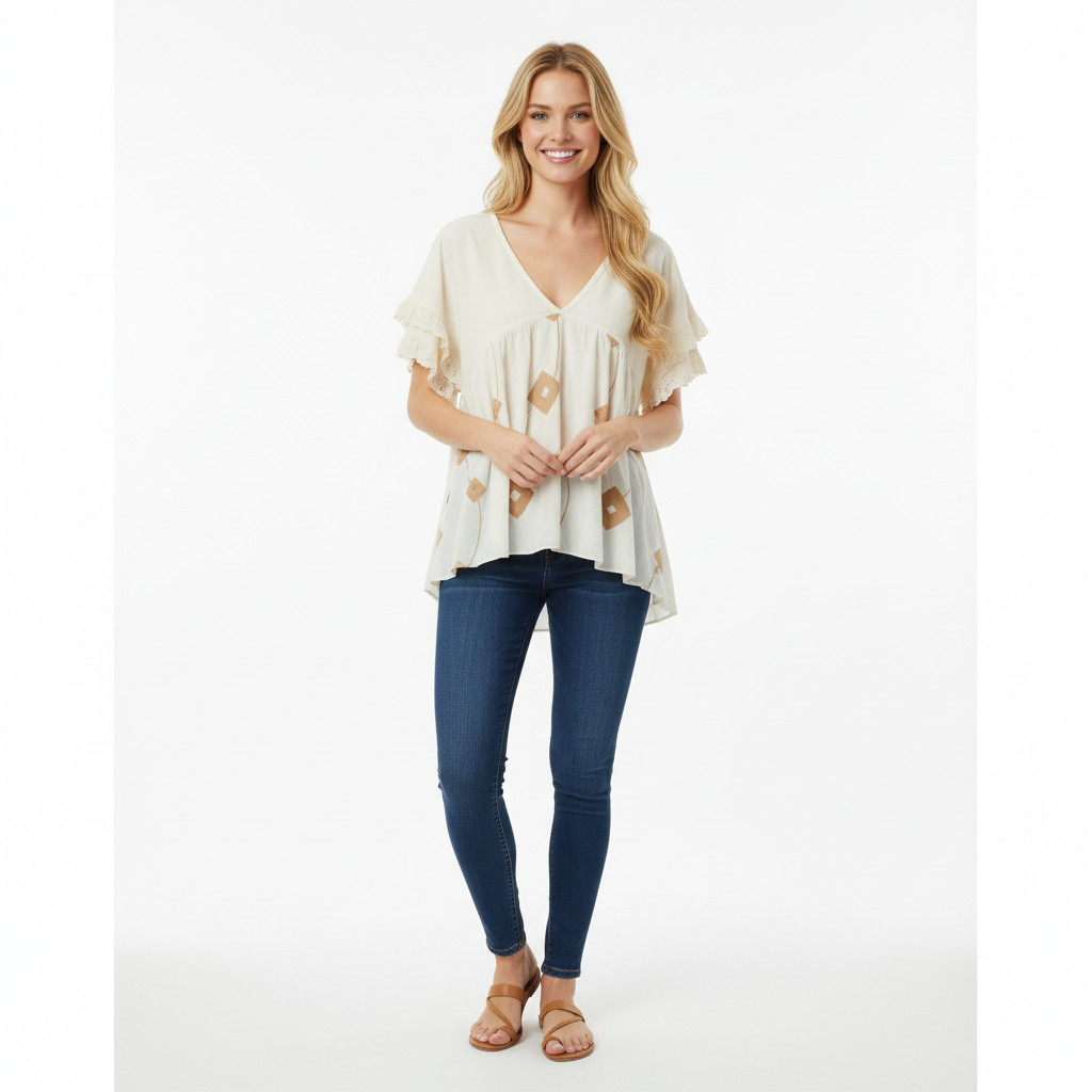 CAMISOLA Y•TWO WOMAN CREME CASTANHO BABADO RENDA MANGA CURTA BORADO GEOMETRICO DECOTE EM BICO