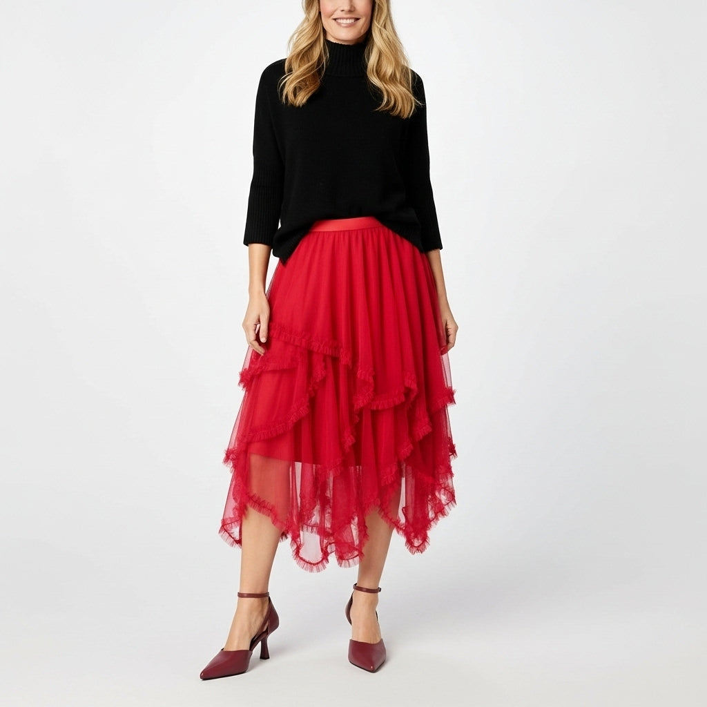 SAIA MIDI FREE SPIRIT VERMELHO SAIA DE ORGANZA CAMADAS E DETALHES NA BARRA