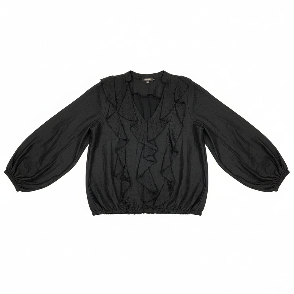 CAMISOLA CAMILLE FRANCE PRETO DECOTE EM BICO BABADOS