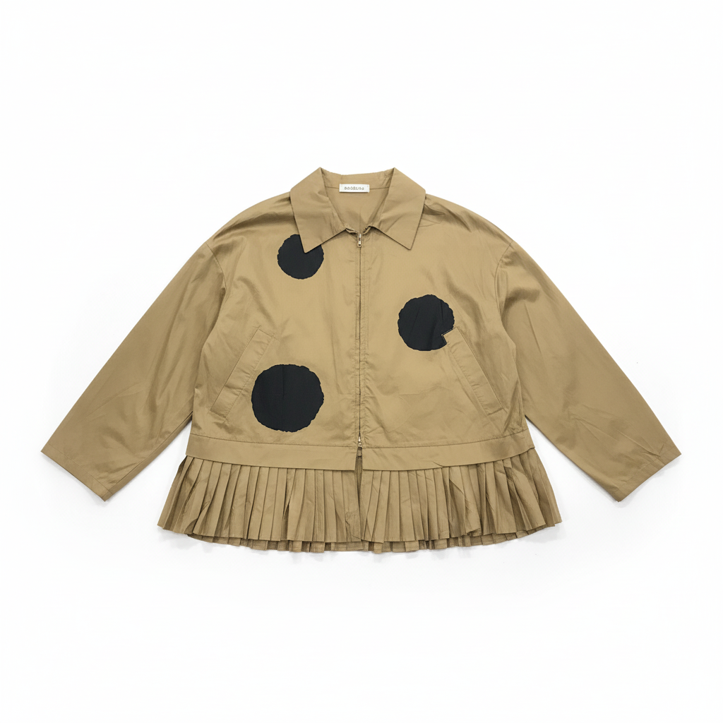 CASACO CASTANHO BABADOS DRAPEADO BOLAS PRETAS BOLSO