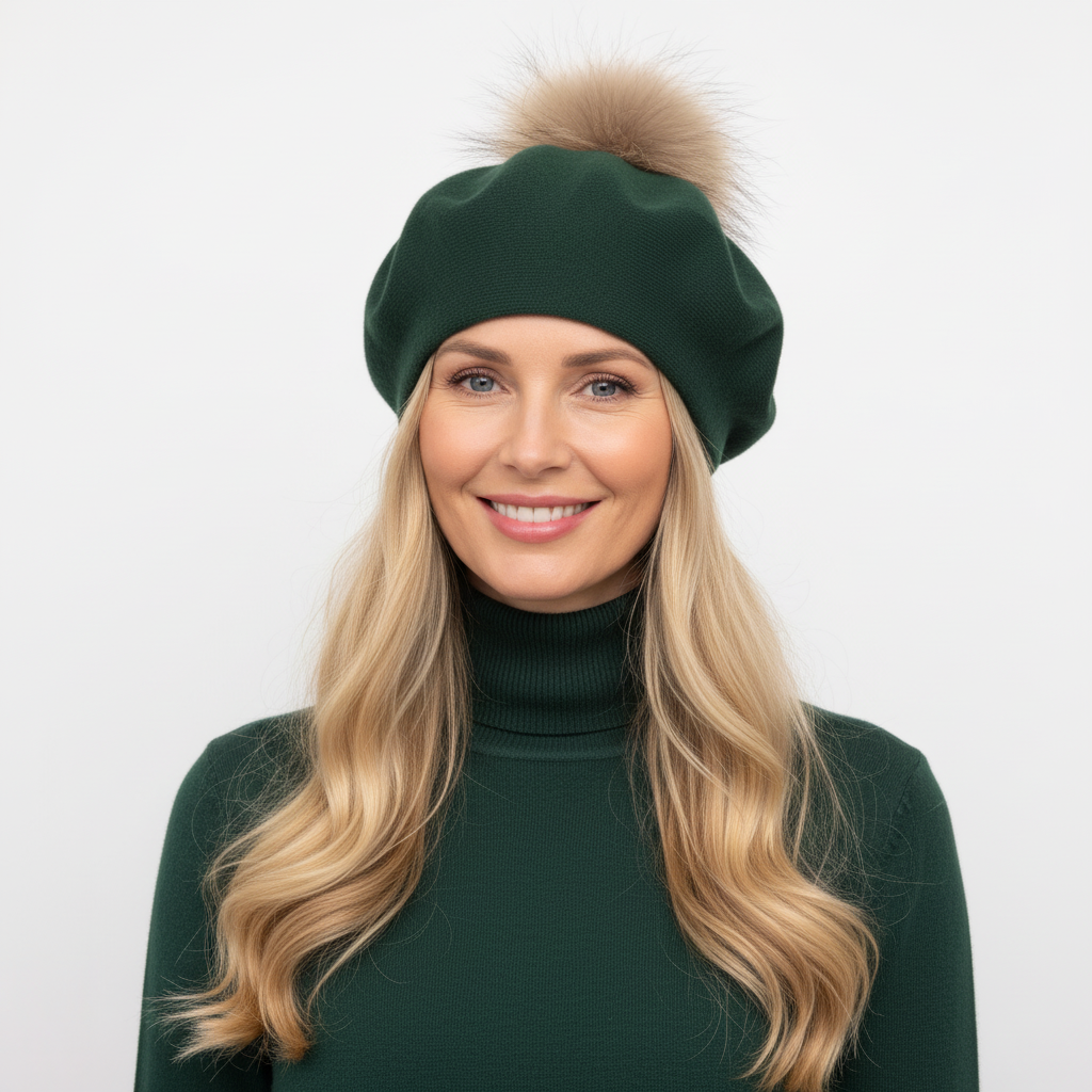 BOINA VERDE POMPOM PELO CASTANHO