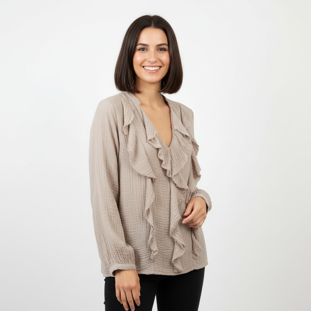 CAMISOLA CAMILLE FRANCE CINZA DECOTE EM BICO BABADOS