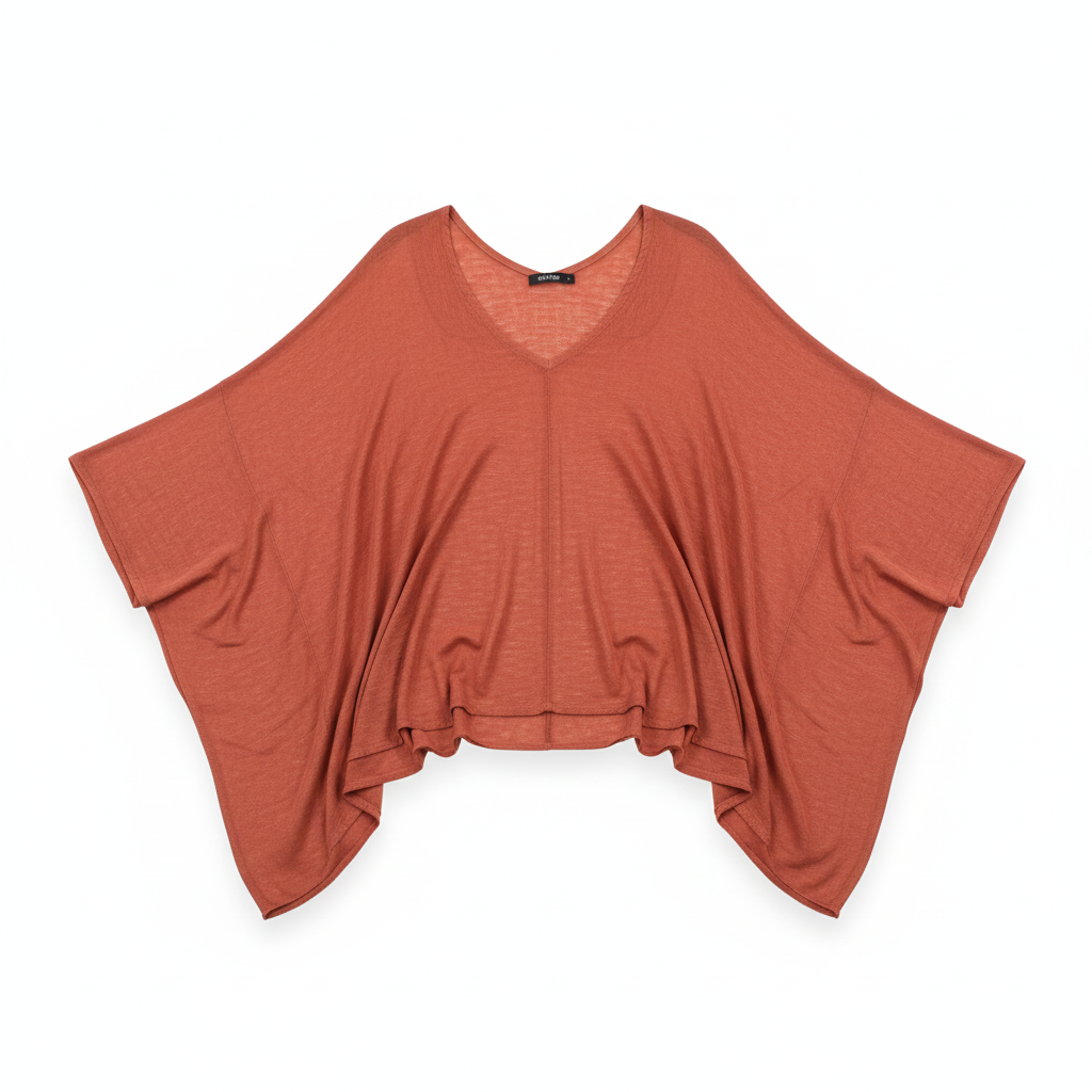 CAMISOLA MACADI TERRACOTA MANGA CURTA CAIMENTO A SIMÉTRICO EM BICO CASTANHO