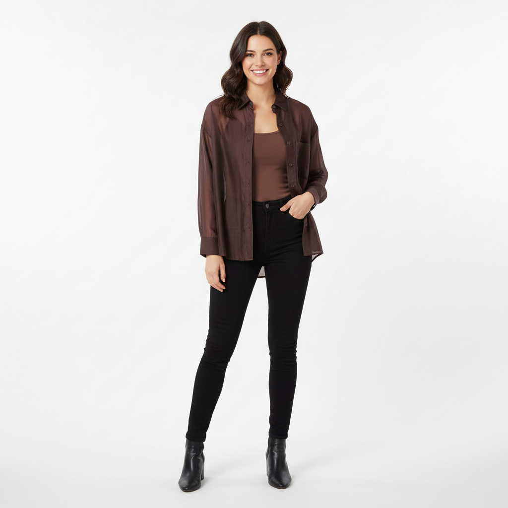 CAMISA VINCEOTTO CASTANHO TRANSPARENTE BOLSO FRONTAL MANGA LONGA