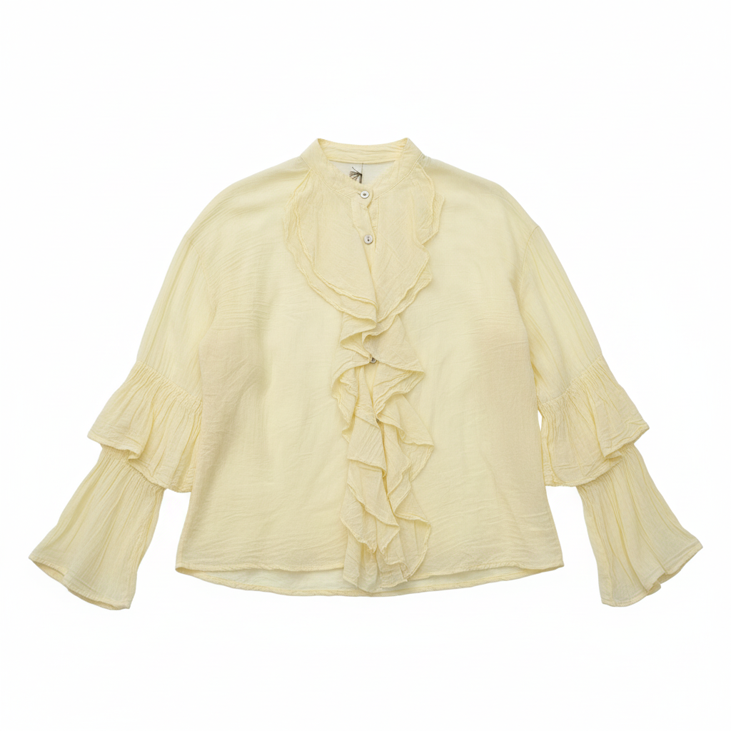 CAMISOLA APRIL VINTAGE AMARELO BEBE DECOTE CANOA BABADOS FRONTAL
