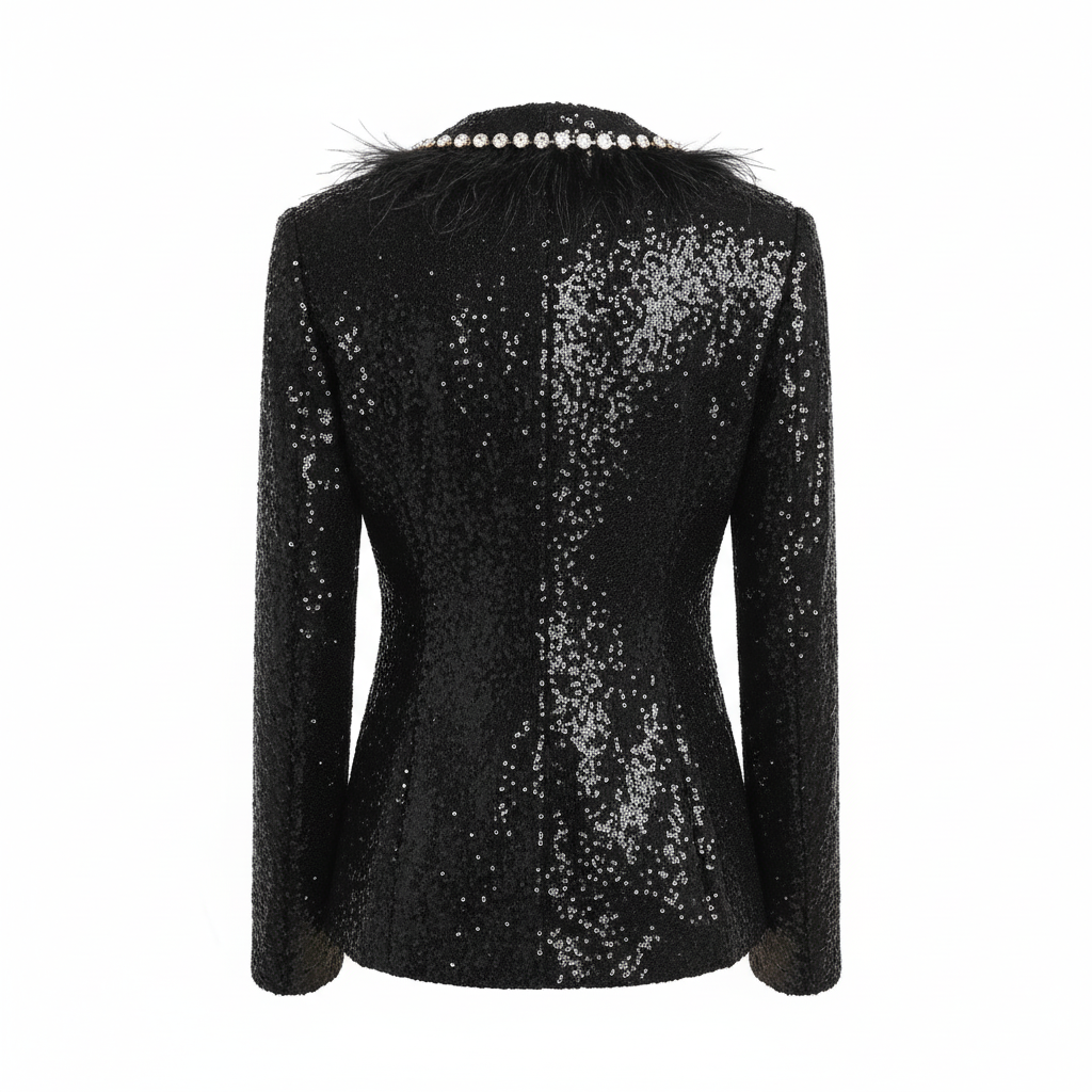 BLAZER F&P PRETO FESTA LANTEJOULA PEDRAS BRILHO PLUMASS TERNO ACINTURADO