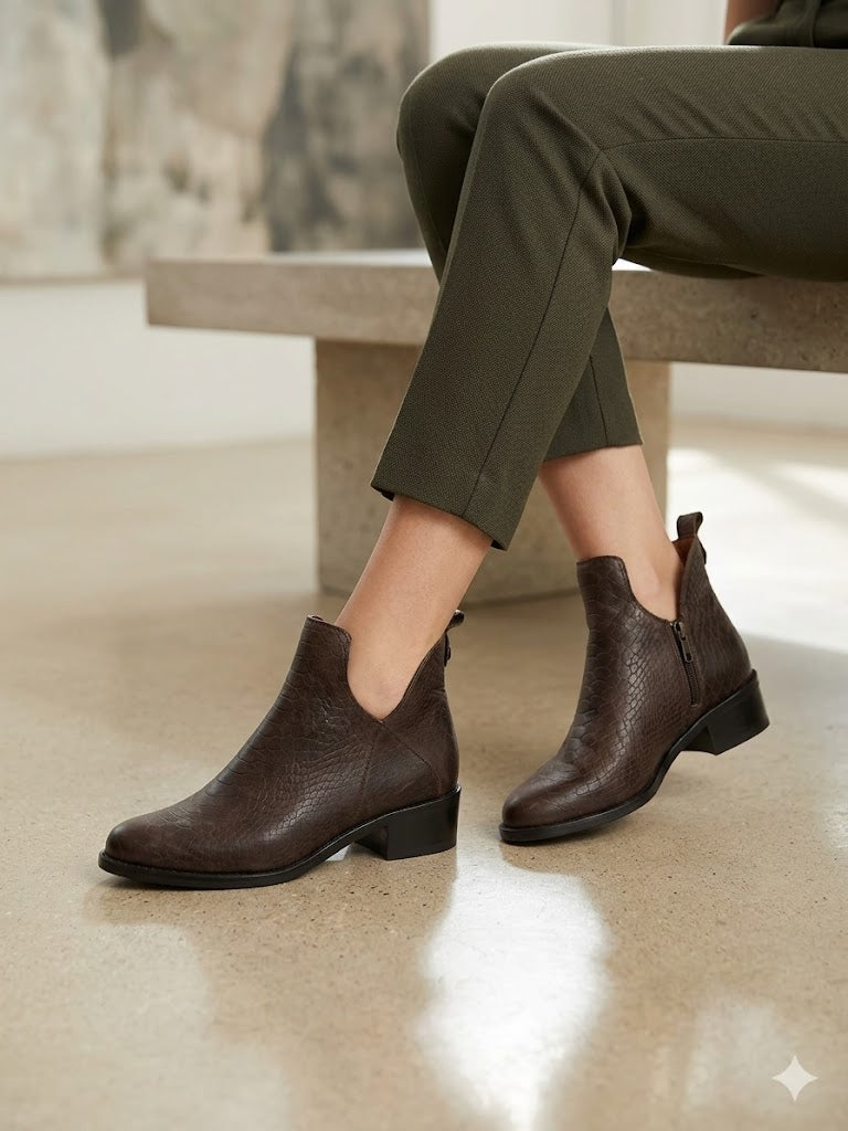 Botins Femininos Macadi em Pele com Padrão Cobra Castanho, Botas de Cano Curto com Recorte em V e Fecho, Salto Bloco Baixo Confortável e Moderno