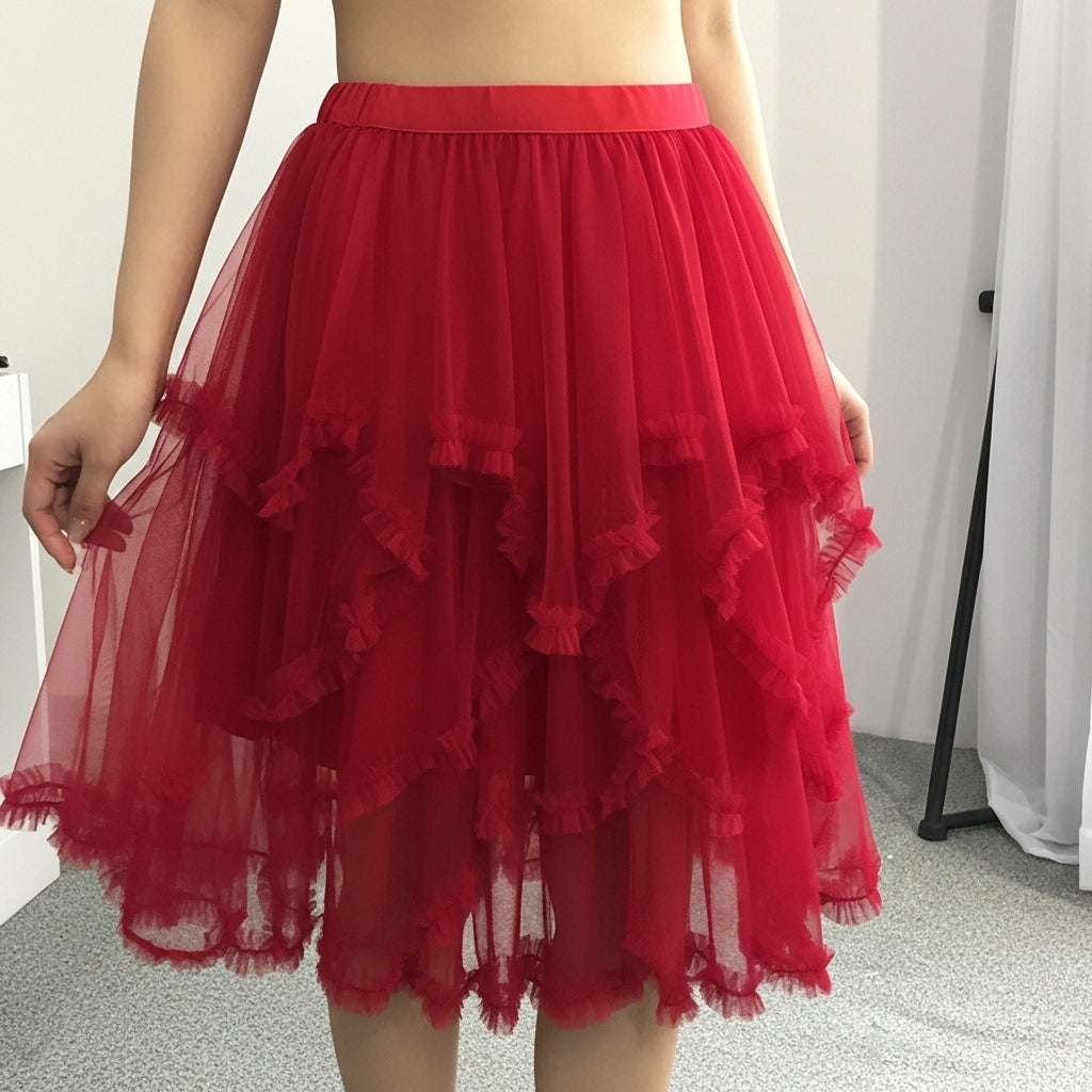 SAIA MIDI FREE SPIRIT VERMELHO SAIA DE ORGANZA CAMADAS E DETALHES NA BARRA