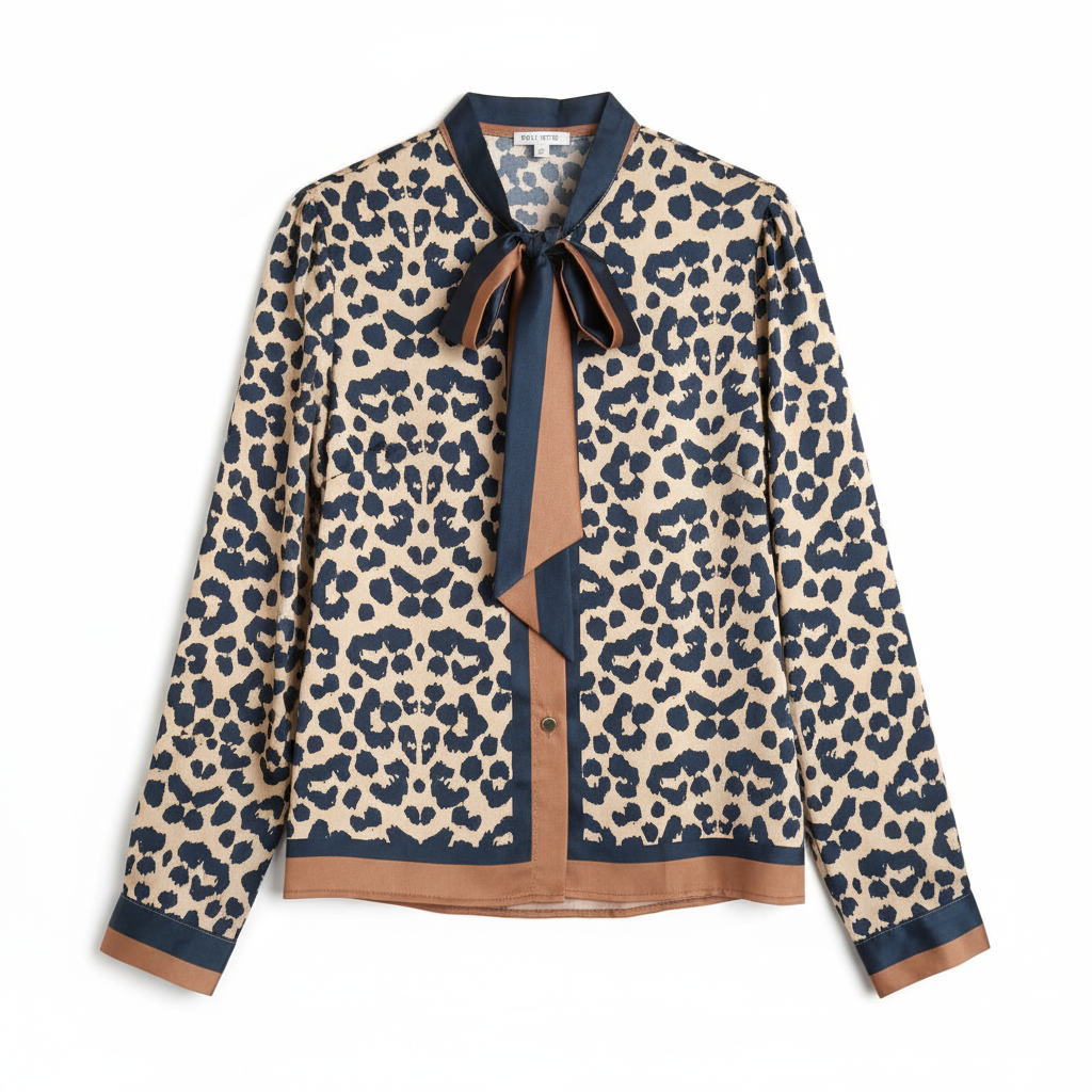 CAMISA ELLIE WHITE LEOPARDO AZUL MARINHO CASTANHO DOURADO LAÇO AMARRAÇÃO MANGA LONGA