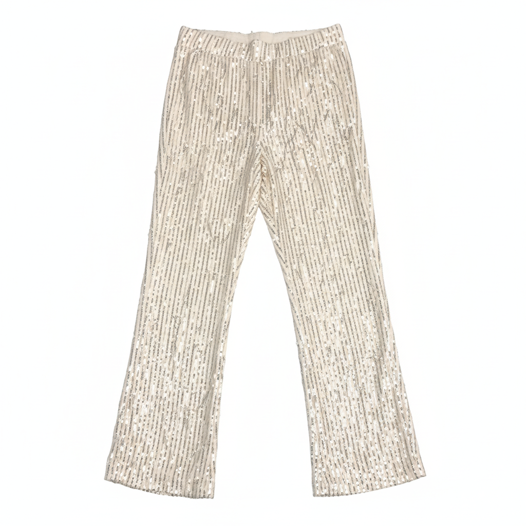 CALÇA RETA ELLI WHITE ROSE NUDE LANTEJOULAS FITAS DE BRILHO