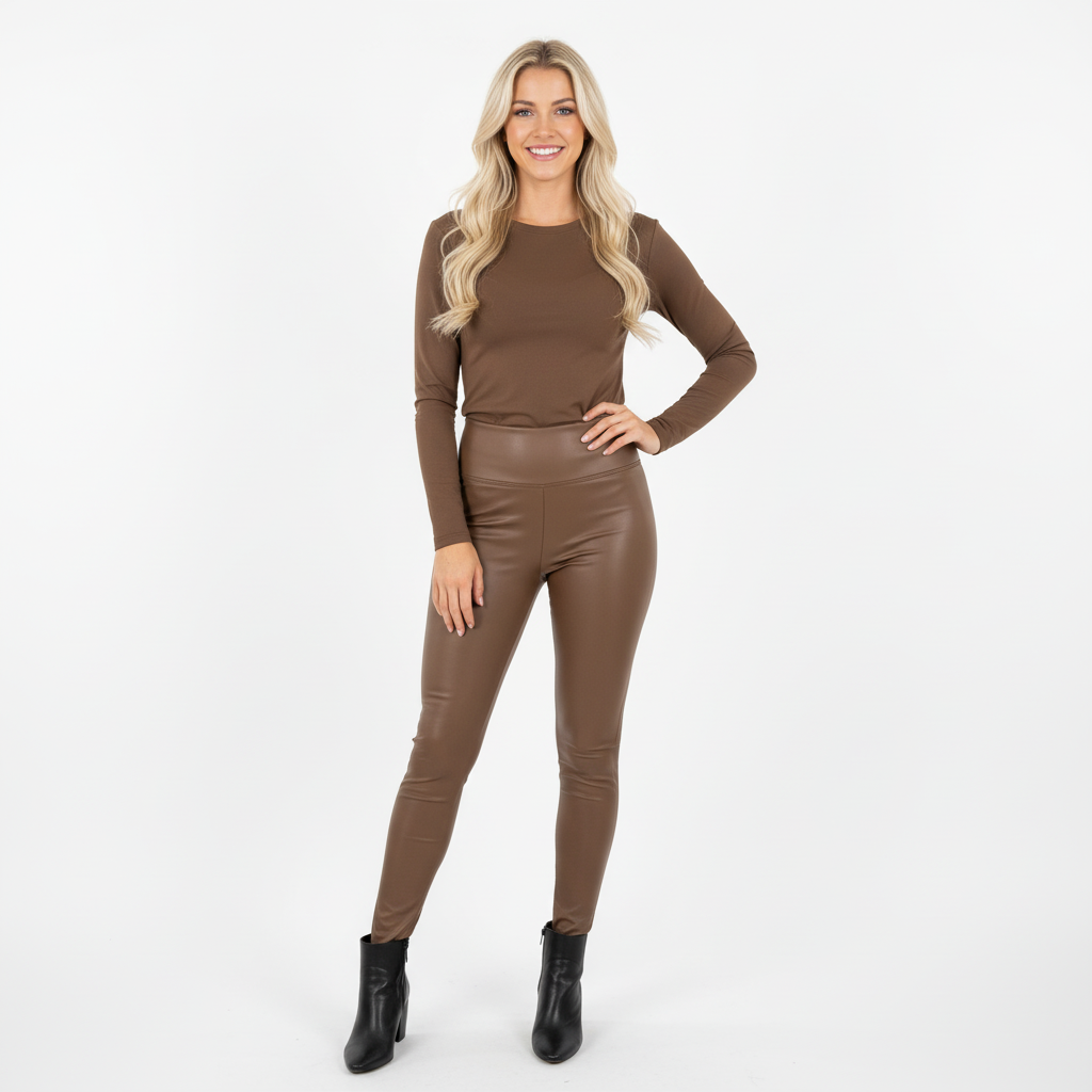 CALÇA SKINNY CASTANHO ESCURO ECO PELE ELASTICO FESTA
