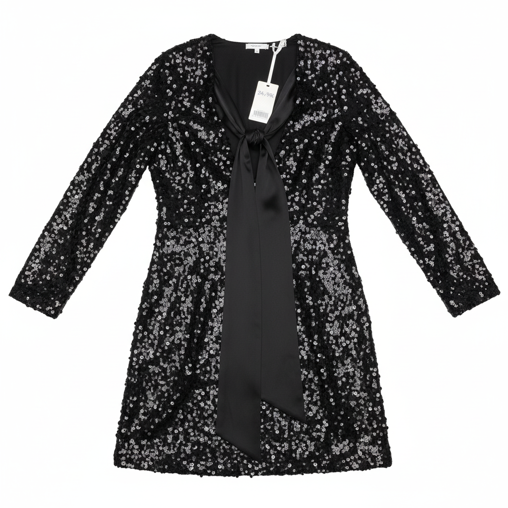 VESTIDO HAPPY PINK PRETO FESTA MANGA 3/4 BRILHO LANTEJOULAS FITA LAÇO SETIN