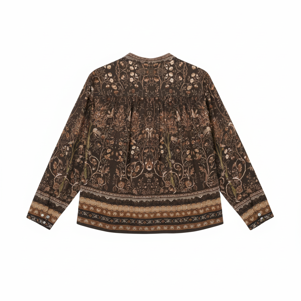 CAMISA CAMILLE FRANCE CASTANHO DECOTE EM BICO BOTÕES ESTAMPA FLORAL