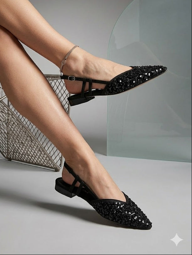 Sandálias Femininas Rasas Corina Com Brilho E Pedraria Slingback Pontiaguda Sapatos Elegantes De Festa Cor Preto Tiras Ajustáveis Calçado Confortável Senhora