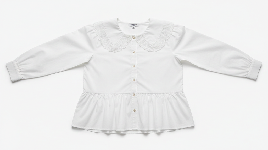 CAMISA PINK BOOM BRANCO GOLA RENDA BOTÕES DRAPEADO BARRA MANGA CUMPRIDA