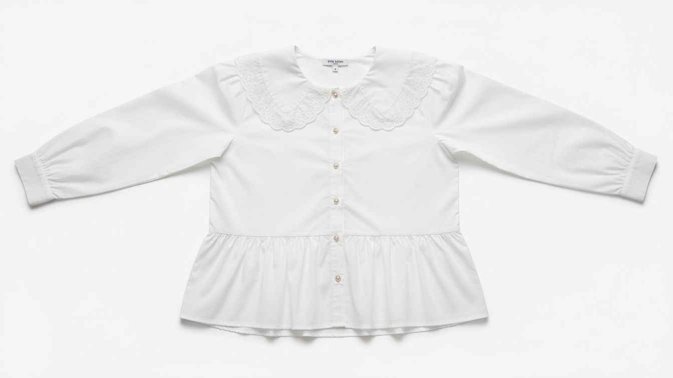 CAMISA PINK BOOM BRANCO GOLA RENDA BOTÕES DRAPEADO BARRA MANGA CUMPRIDA