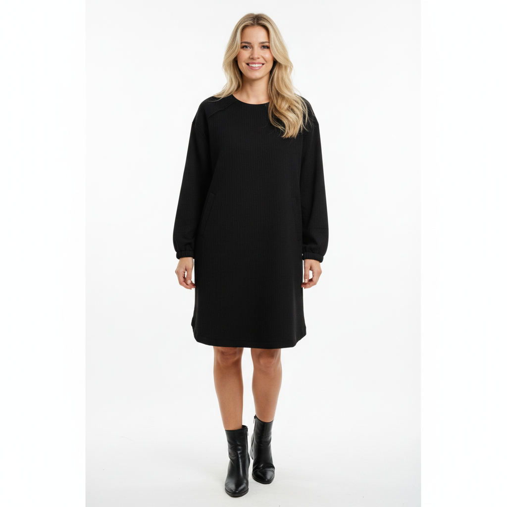VESTIDO NEFELIBATA PRETO MANGA CUMPRIDA TECIDO CANELADO BOLSO LATERAL ZIPER