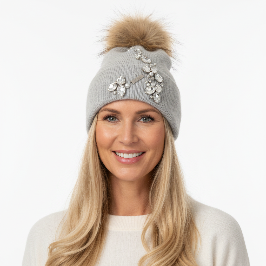 GORRO CINZA GELO POMPOM PELO CASTANHO TOUCA